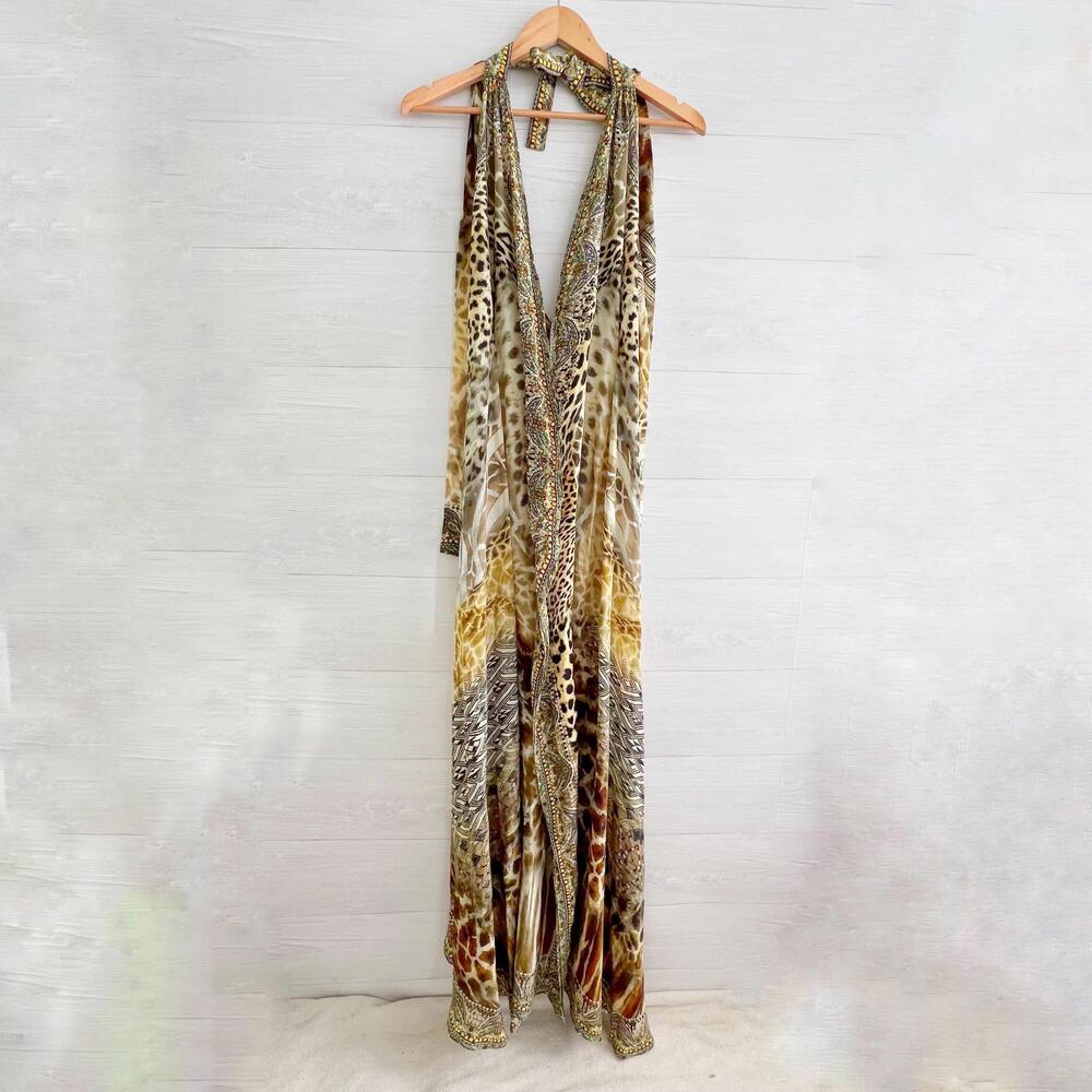 Camilla - Animal print silk embellished maxi halter dress, L - Picture 11 of 15